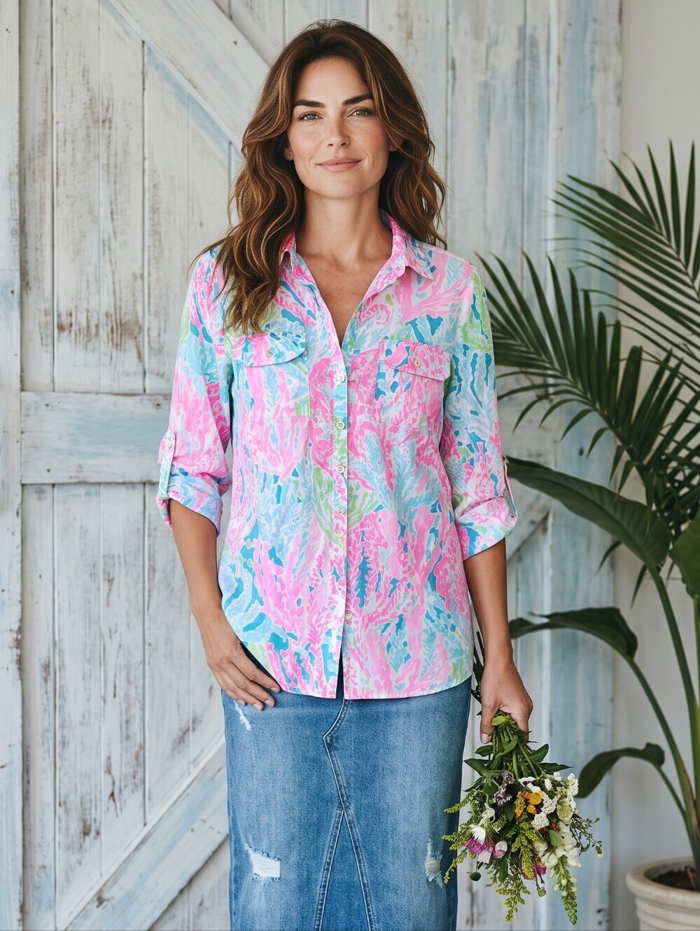 Lilly Pulitzer Let's Cha Cha Pink Multi-Print Button Down Shirt